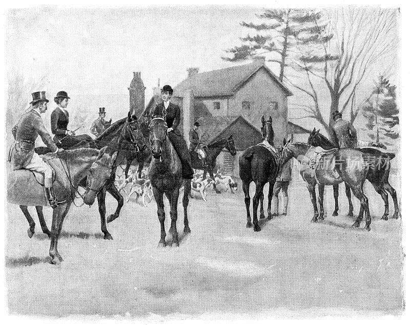 猎狐在拉德诺狩猎俱乐部在费城，宾夕法尼亚州，美国- 19世纪
